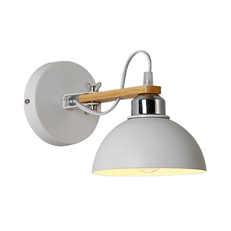 White Metallic And Wood Wall Sconce For Bedroom - Simple Style Bowl-Shaped Light Fixture.