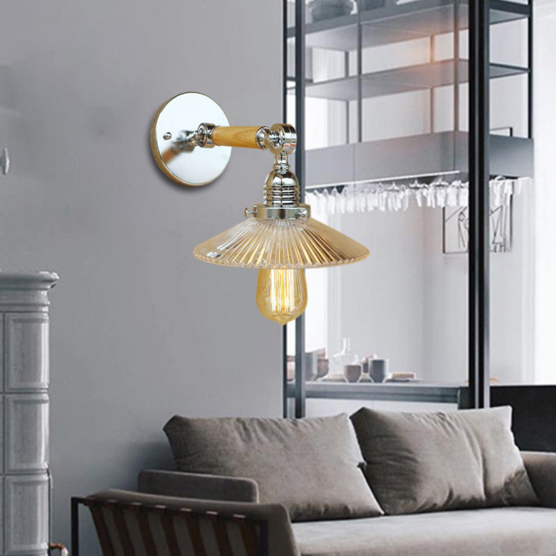 Clear Ribbed Glass Wall Sconce Light With Industrial Chrome Cone Wooden Arm - 1 8/4/6 Wide Living