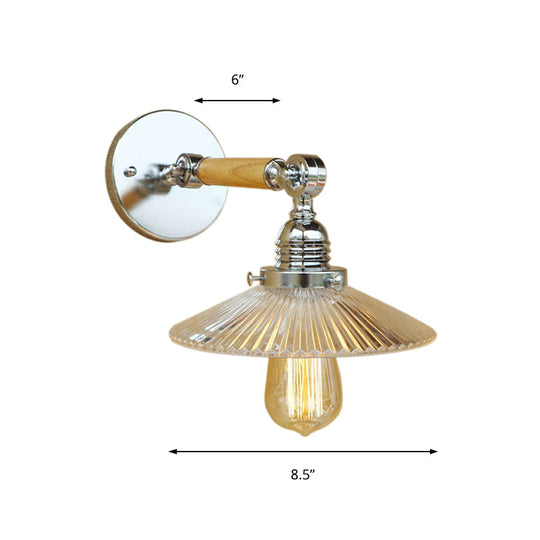 Clear Ribbed Glass Wall Sconce Light With Industrial Chrome Cone Wooden Arm - 1 8/4/6 Wide Living