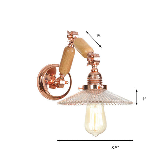 Industrial Living Room Sconce With Clear Prismatic Glass Shade And Curved Arm