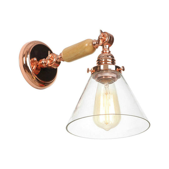 Rose Gold Industrial Cone Wall Sconce With Clear Glass - 1 Bulb Lighting Fixture