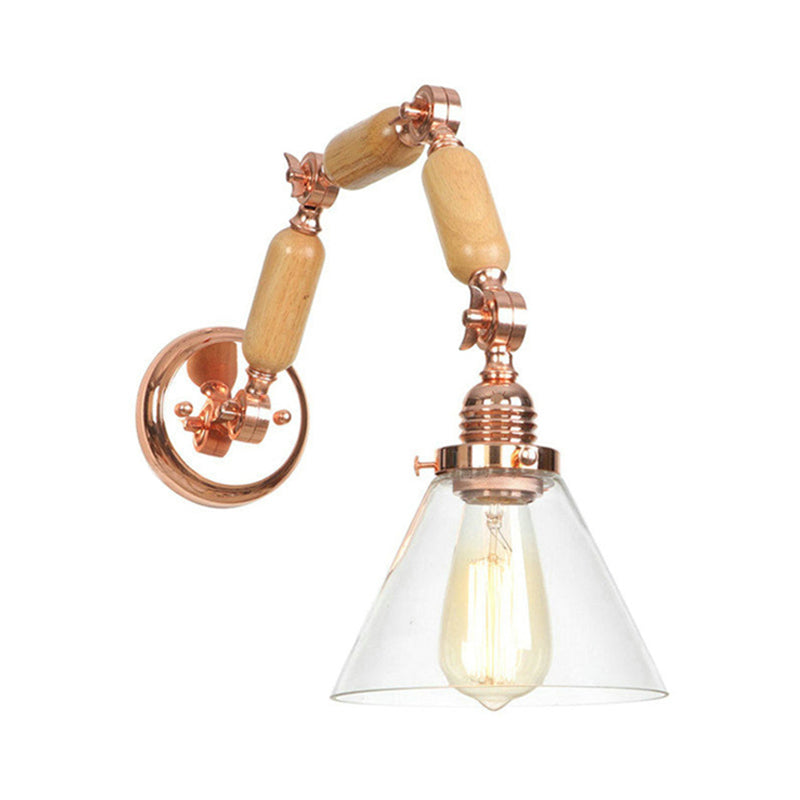 Clear Glass Sconce Light Fixture: Industrial Gold Cone Living Room Wall Lamp With Curved Arm