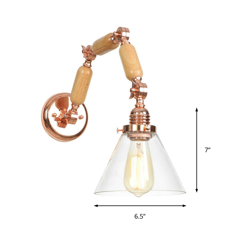 Clear Glass Sconce Light Fixture: Industrial Gold Cone Living Room Wall Lamp With Curved Arm