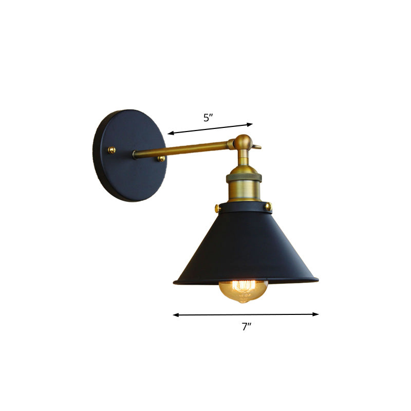 Industrial Style Brass Metal Wall Sconce 1 Light Conical Mounted Lamp For Living Room 7/10 Width