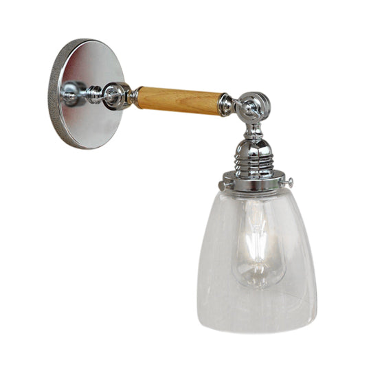 Dome Shade Clear Glass Wall Sconce: Industrial Living Room Light Fixture With Wooden Arm - Single