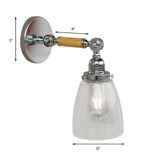 Dome Shade Clear Glass Wall Sconce: Industrial Living Room Light Fixture With Wooden Arm - Single