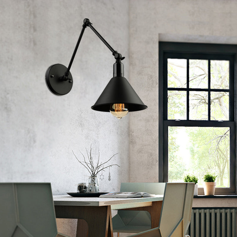 Swing Arm Wall Lamp With Conic Shade Metallic Loft Style Sconce Lighting In Black/White Black / 6+6