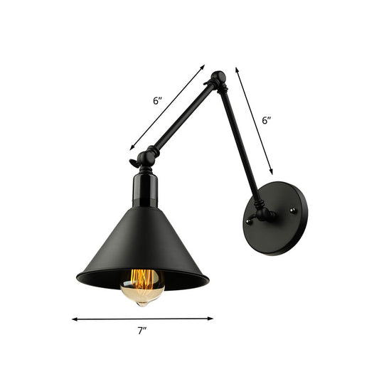 Swing Arm Wall Lamp With Conic Shade Metallic Loft Style Sconce Lighting In Black/White