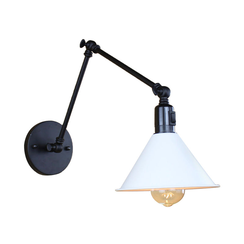 Swing Arm Wall Lamp With Conic Shade Metallic Loft Style Sconce Lighting In Black/White