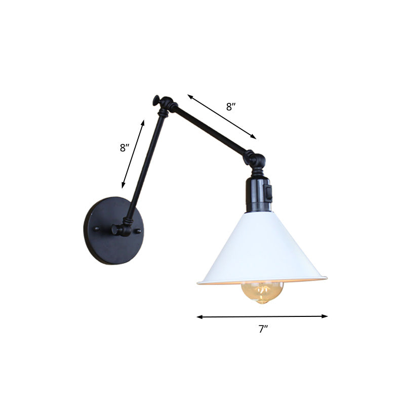 Swing Arm Wall Lamp With Conic Shade Metallic Loft Style Sconce Lighting In Black/White