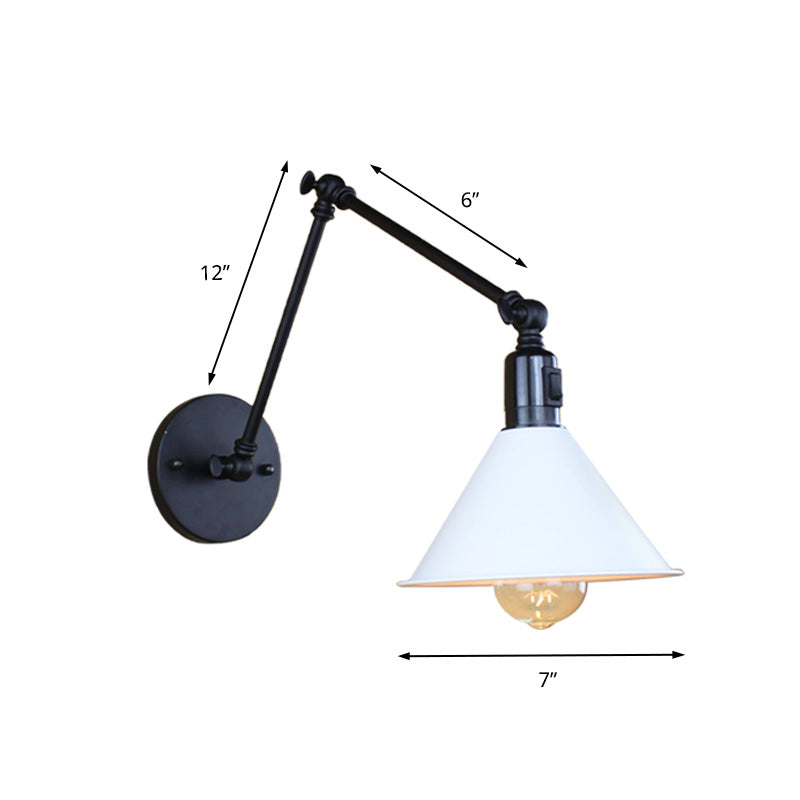 Swing Arm Wall Lamp With Conic Shade Metallic Loft Style Sconce Lighting In Black/White