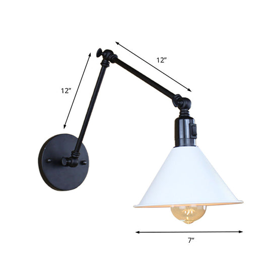 Swing Arm Wall Lamp With Conic Shade Metallic Loft Style Sconce Lighting In Black/White