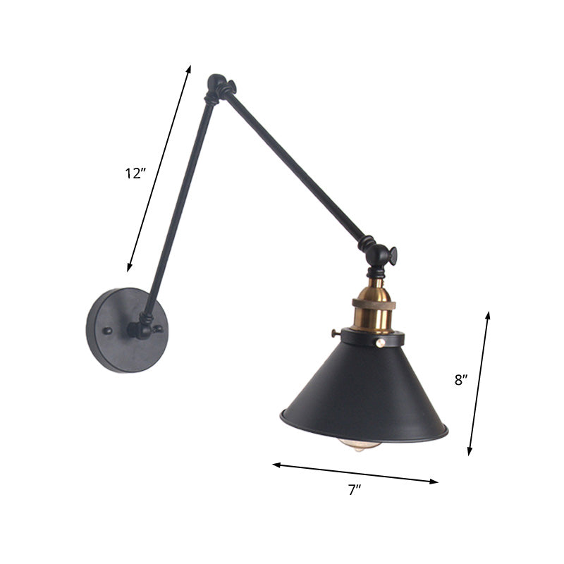 Adjustable Wall Lamp With Metal Cone Shade - Retro Indoor Sconce Light In Black/White