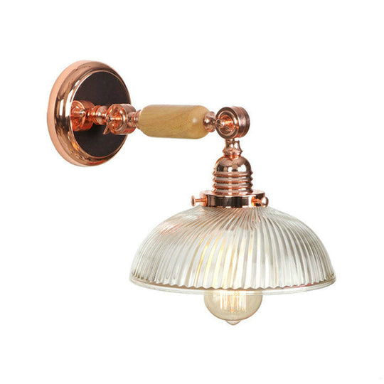 Ribbed Glass Sconce Light Fixture - Farmhouse Style Rose Gold Wall Lamp