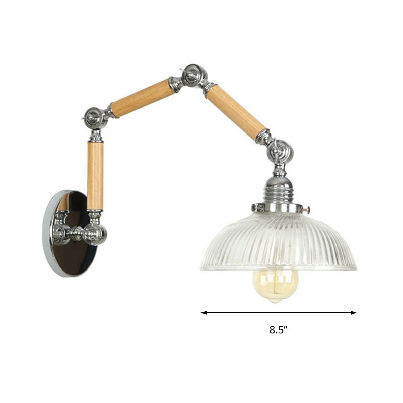 Industrial Ribbed Glass Silver Sconce Light With Rotatable Arm