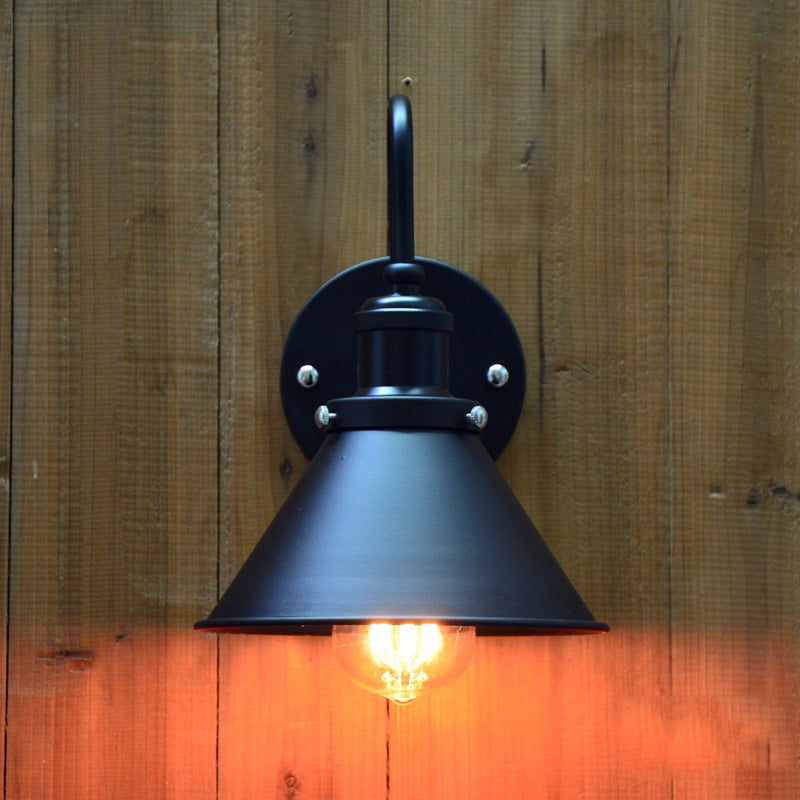 Vintage Gooseneck Wall Sconce With Cone Shade - 1 Light Corridor Fixture In Black