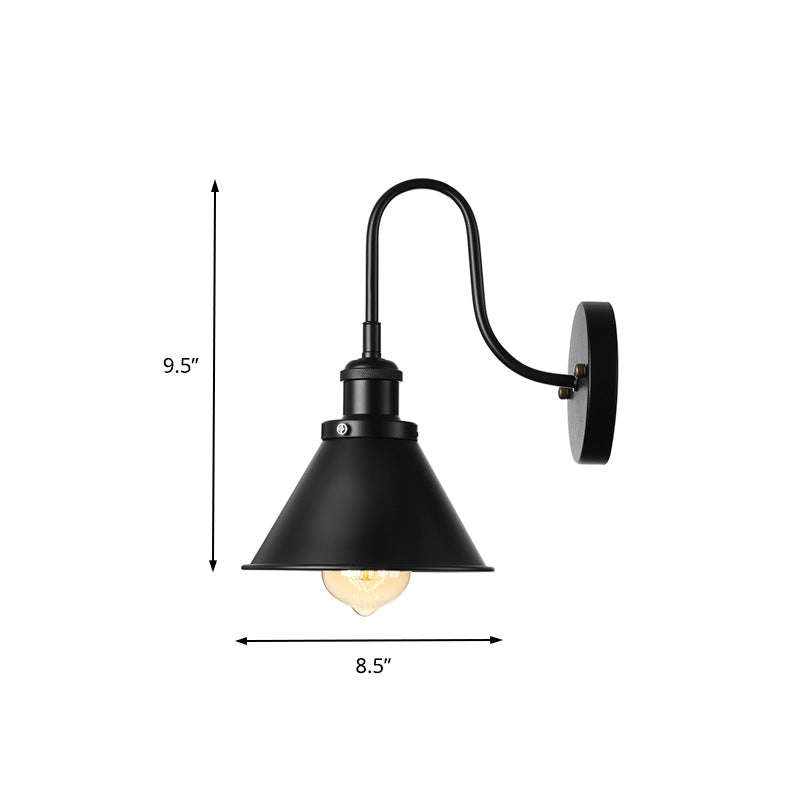 Vintage Gooseneck Wall Sconce With Cone Shade - 1 Light Corridor Fixture In Black