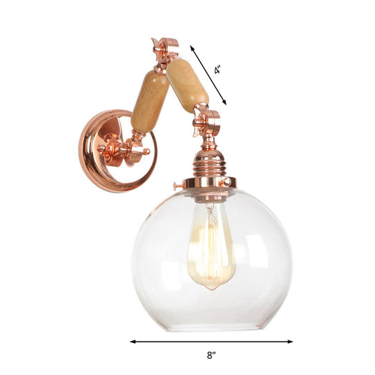 Rustic Rose Gold Wall Mounted Globe Light With Extendable Arm - Clear Glass Lighting