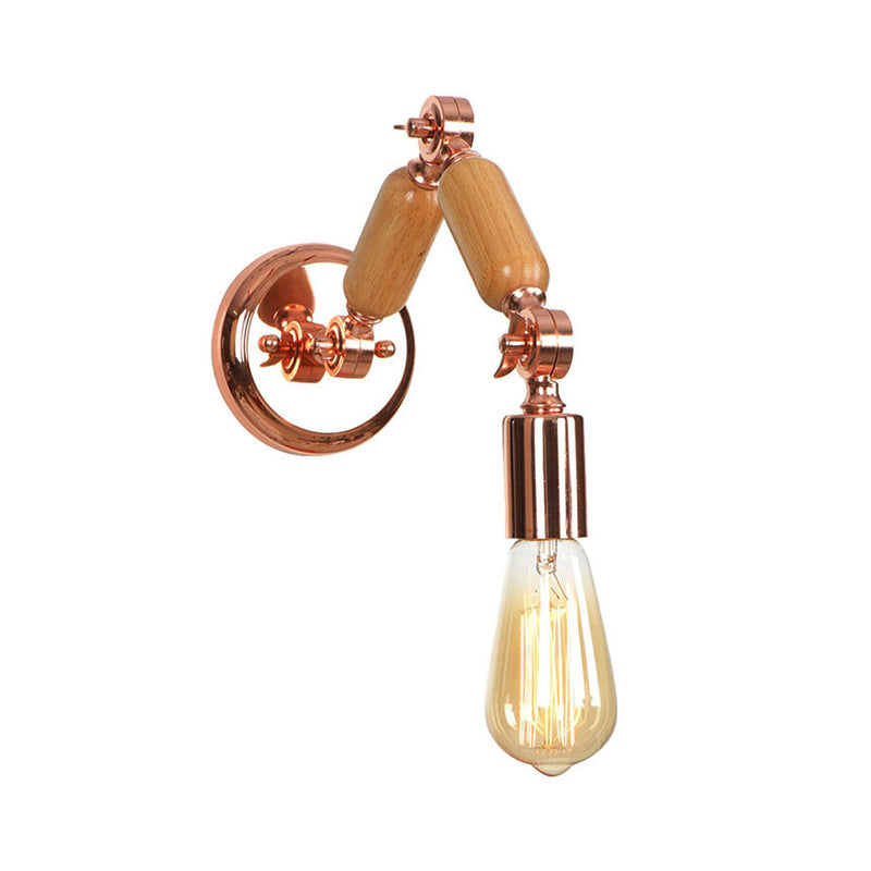 Rustic Rose Gold Wooden Sconce With Industrial Metal And Bare Bulb - Living Room Wall Light