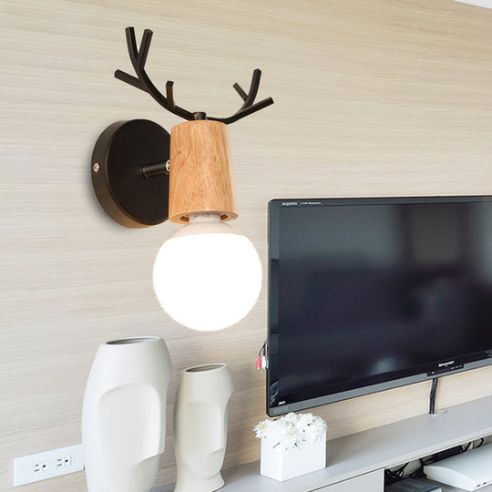 Bare Bulb Sconce With Deer Horn Accent - Modern Black/White Metal And Wood Wall Lamp