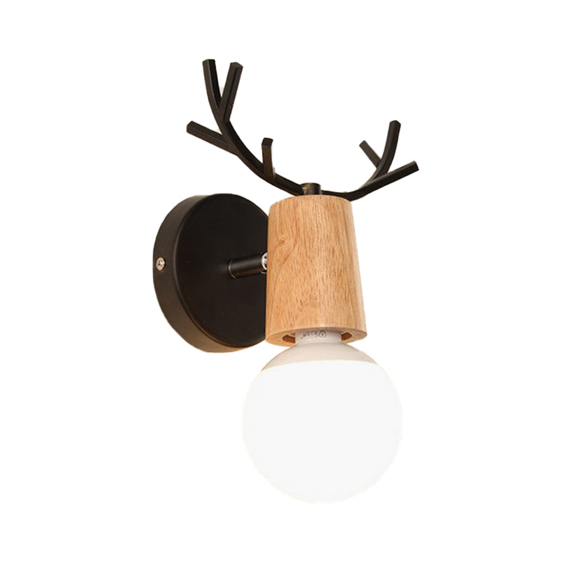 Bare Bulb Sconce With Deer Horn Accent - Modern Black/White Metal And Wood Wall Lamp