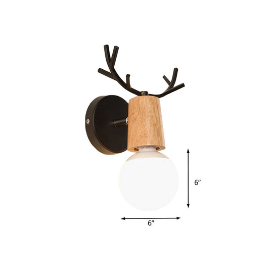 Bare Bulb Sconce With Deer Horn Accent - Modern Black/White Metal And Wood Wall Lamp