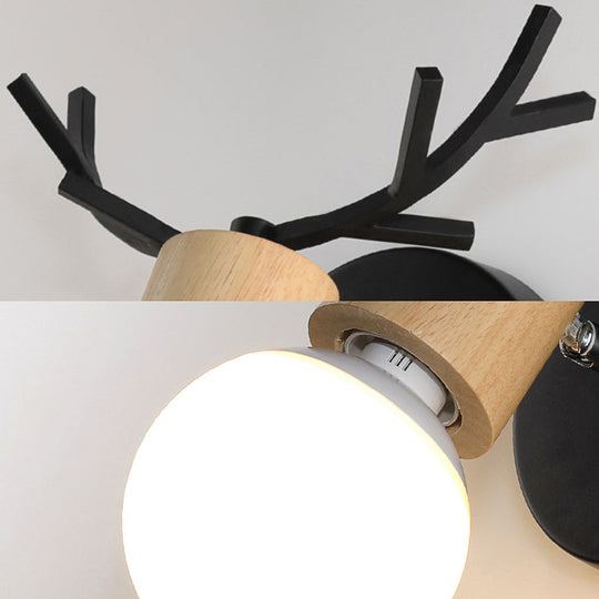 Bare Bulb Sconce With Deer Horn Accent - Modern Black/White Metal And Wood Wall Lamp