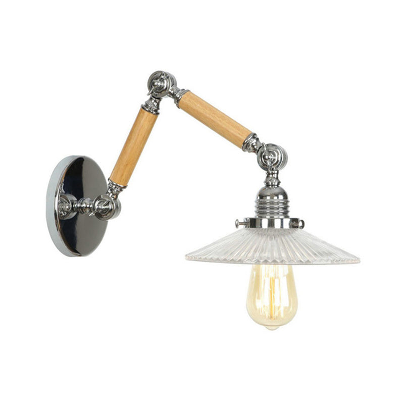 Vintage Ribbed Glass Saucer Wall Sconce With Extendable Wooden Arm For Study Room Lighting