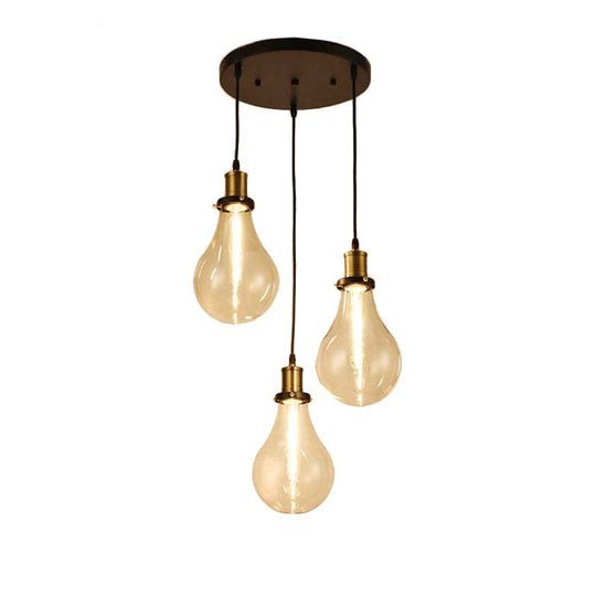 Industrial Brass Clear Glass Pendant Lighting with 3 Bare Bulb Multi Ceiling Lights