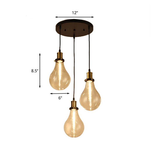 Industrial Brass Clear Glass Pendant Lighting with 3 Bare Bulb Multi Ceiling Lights