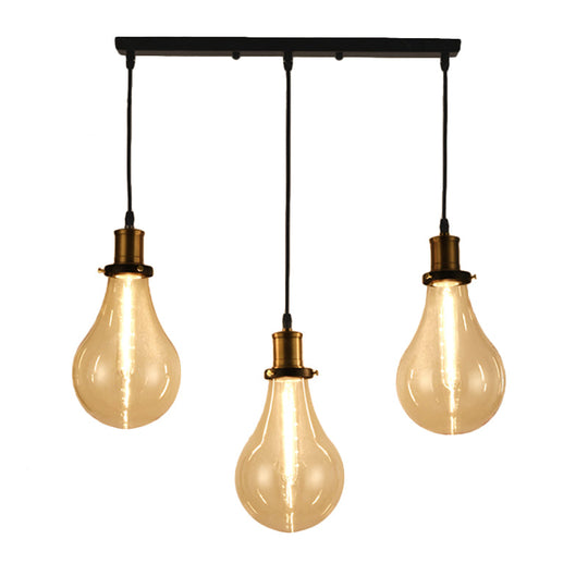 Vintage Clear Glass 3-Light Brass Bulb Shade Pendant Light Fixture For Dining Room Linear Canopy