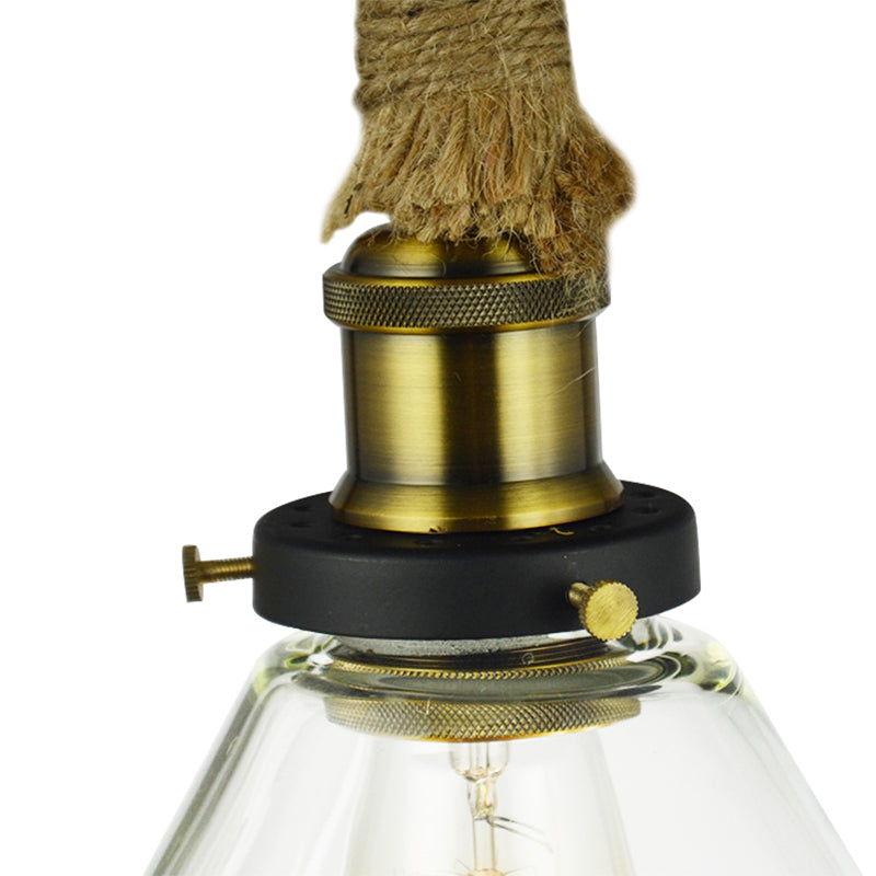 Brass Adjustable Rope Cone Pendant Light with Clear Glass - Industrial Style