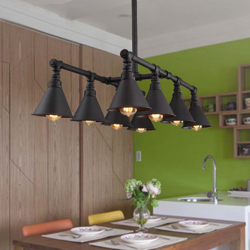 Vintage Style Black Metal Island Chandelier With 8-Light Cone Pendant