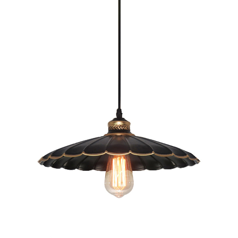 Vintage Industrial Black Metal Pendant Ceiling Light | Scalloped Hanging 10 Or 14 Ideal For