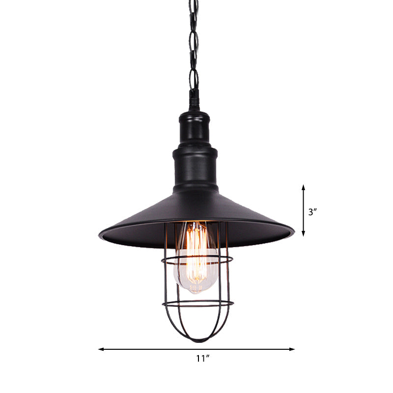 Conic Shade Suspension Light With Wire Guard - Nautical Black Pendant Lighting