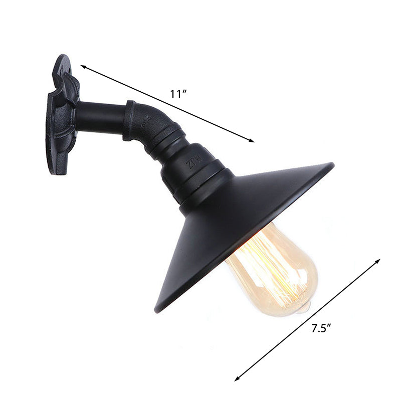 Curved Pipe Metal Wall Mount Sconce With Conic Shade - Industrial Style Hallway Lamp In Black