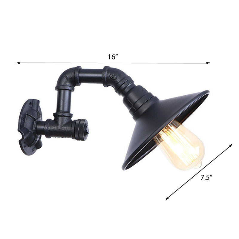 Industrial Metal Wall Light: Matte Black Piped Mount With Cone Shade For Corridor 1 Head