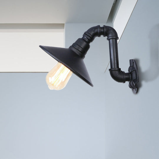 Farmhouse Cone Shade Wall Lamp With Curved Pipe Metallic Sconce In Black Finish