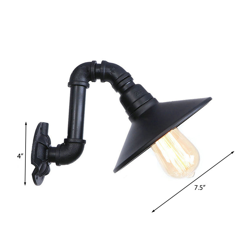 Farmhouse Cone Shade Wall Lamp With Curved Pipe Metallic Sconce In Black Finish