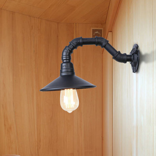 Black Finish Industrial Wall Light With Curved Pipe And Saucer Shade