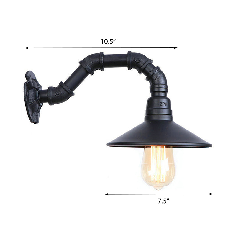 Black Finish Industrial Wall Light With Curved Pipe And Saucer Shade