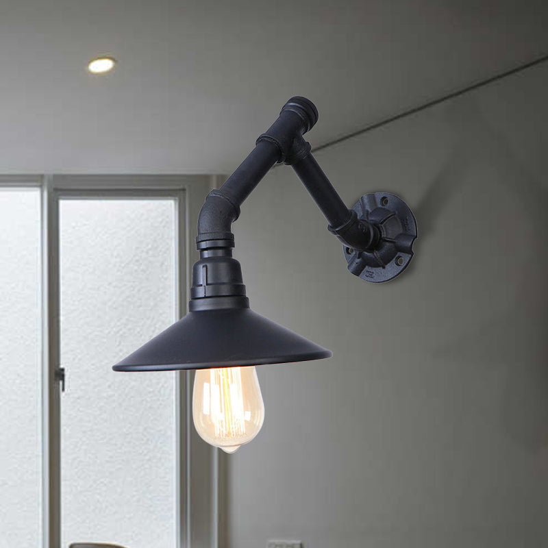 Vintage Conical Wall Sconce Light With Unique Pipe Design - Black Metal Ideal For Bedroom