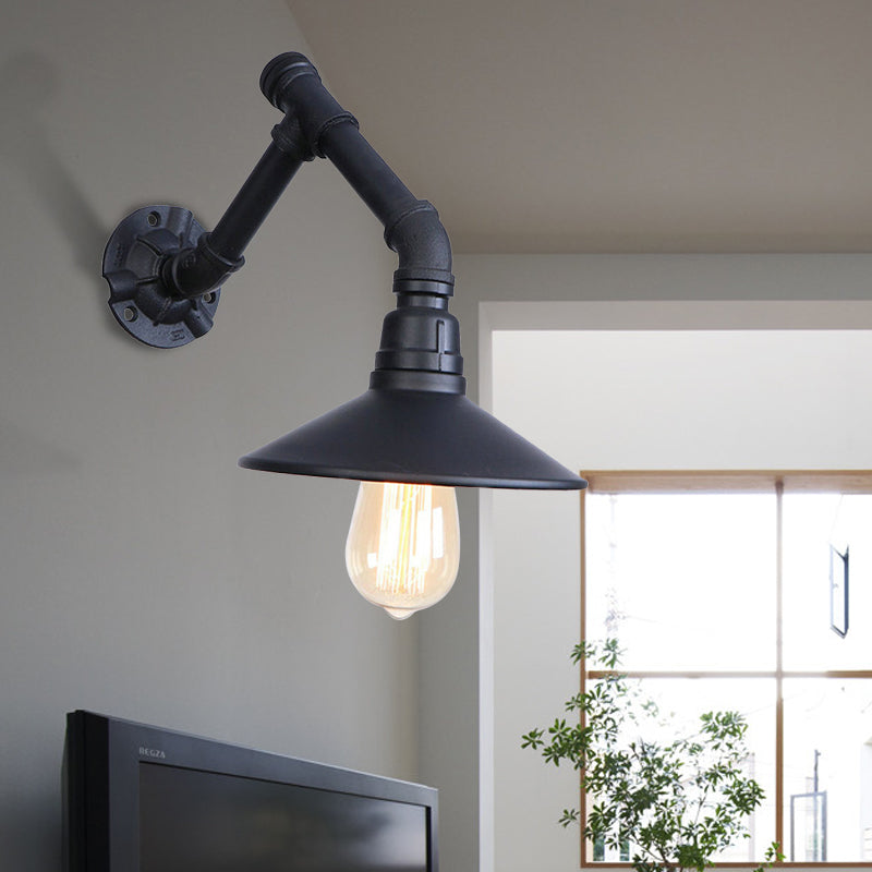 Vintage Conical Wall Sconce Light With Unique Pipe Design - Black Metal Ideal For Bedroom