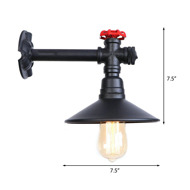 Industrial Plumbing Pipe Wall Sconce With Red Valve Deco - Black Metal Mount Light