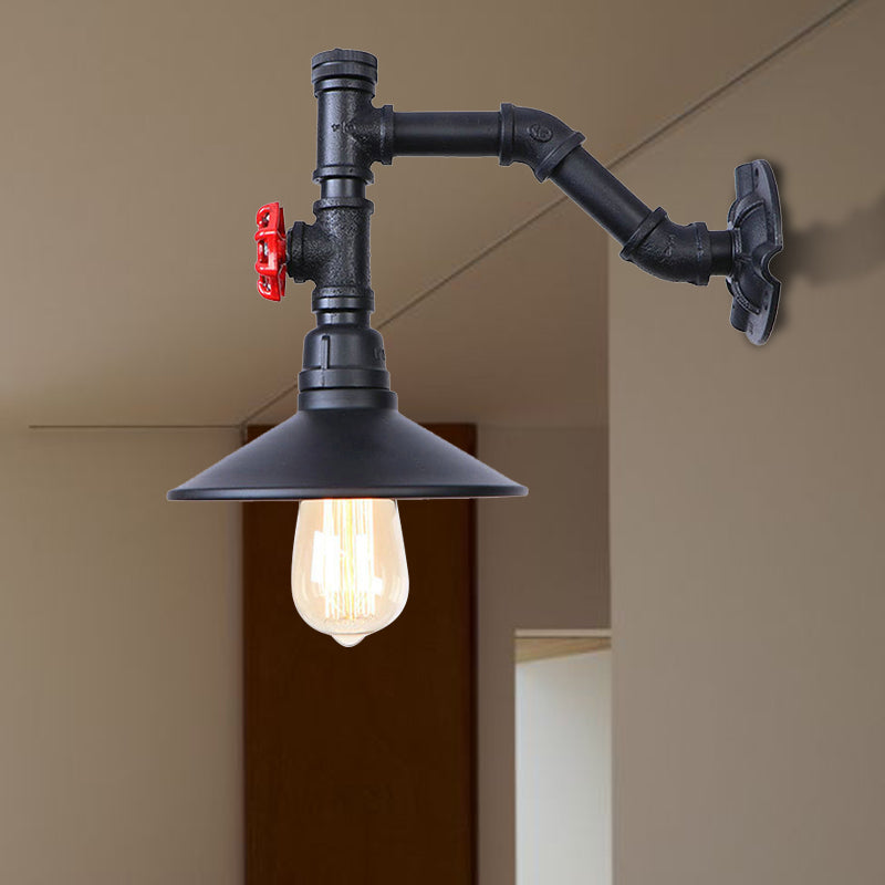 Industrial Flared Wall Lamp Sconce With Plumbing Pipe And Red Valve - Black 1 Bulb