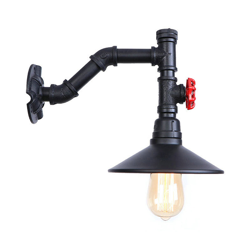 Industrial Flared Wall Lamp Sconce With Plumbing Pipe And Red Valve - Black 1 Bulb