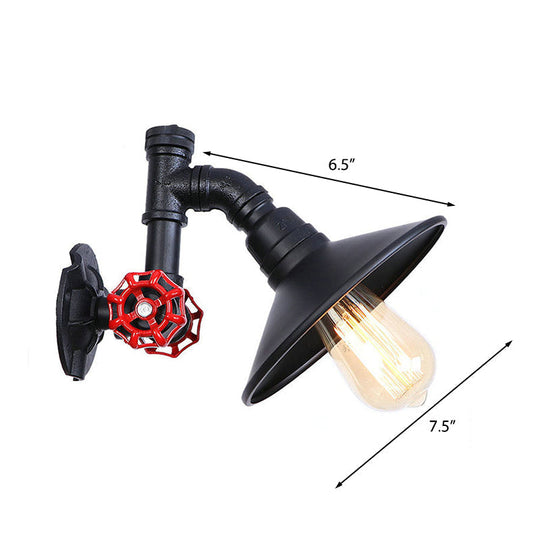 Industrial Rustic Wall Lamp With Black Iron Finish Plumbing Pipe Design Flat Shade And Red Valve