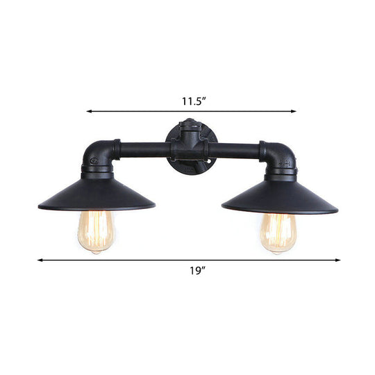 Industrial Metal Flared Shade Wall Lamp - Black 2-Bulb Sconce Lighting For Dining Room With Pipe