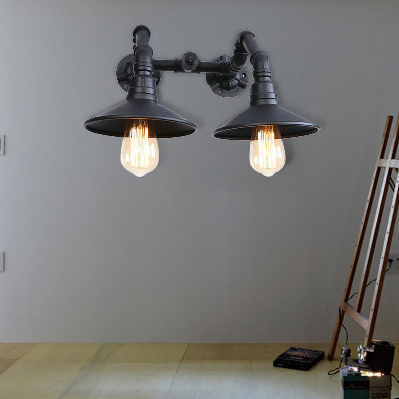 Industrial Black Saucer Wall Sconce - 2 Light Indoor Mount With Water Pipe Warehouse Style