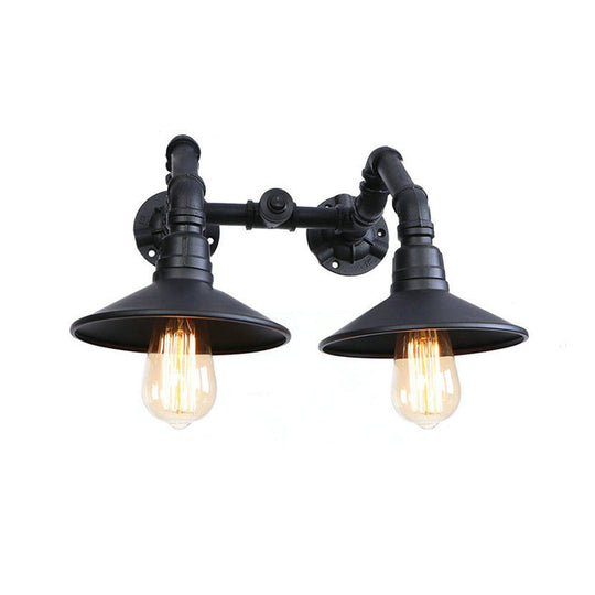 Industrial Black Saucer Wall Sconce - 2 Light Indoor Mount With Water Pipe Warehouse Style